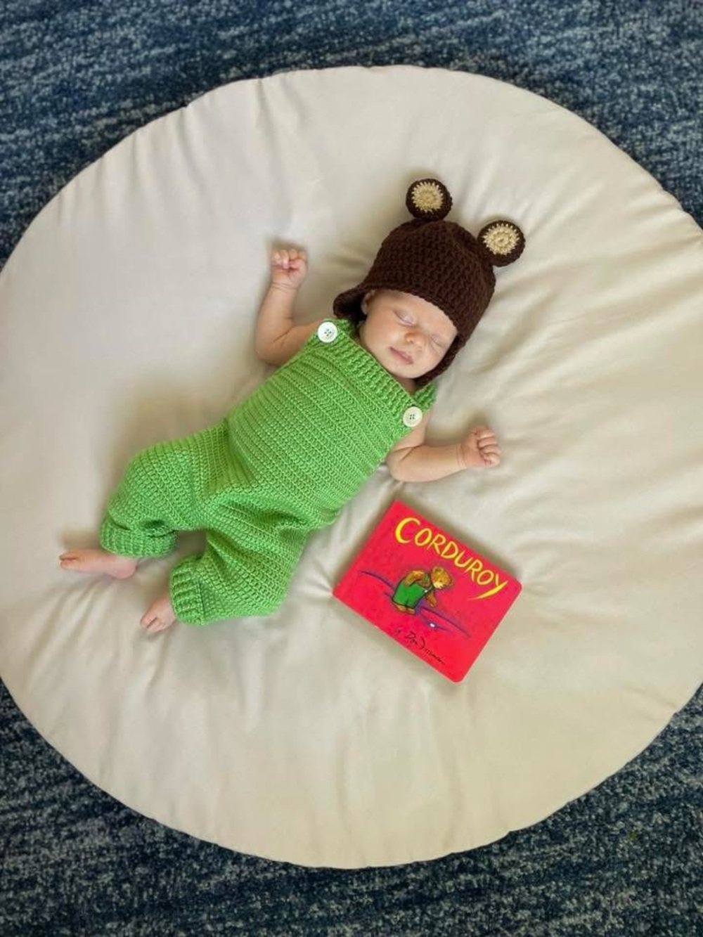 Newborn/Infant Handmade Corduroy Green Crochet Baby Romper with Brown Bear Hat